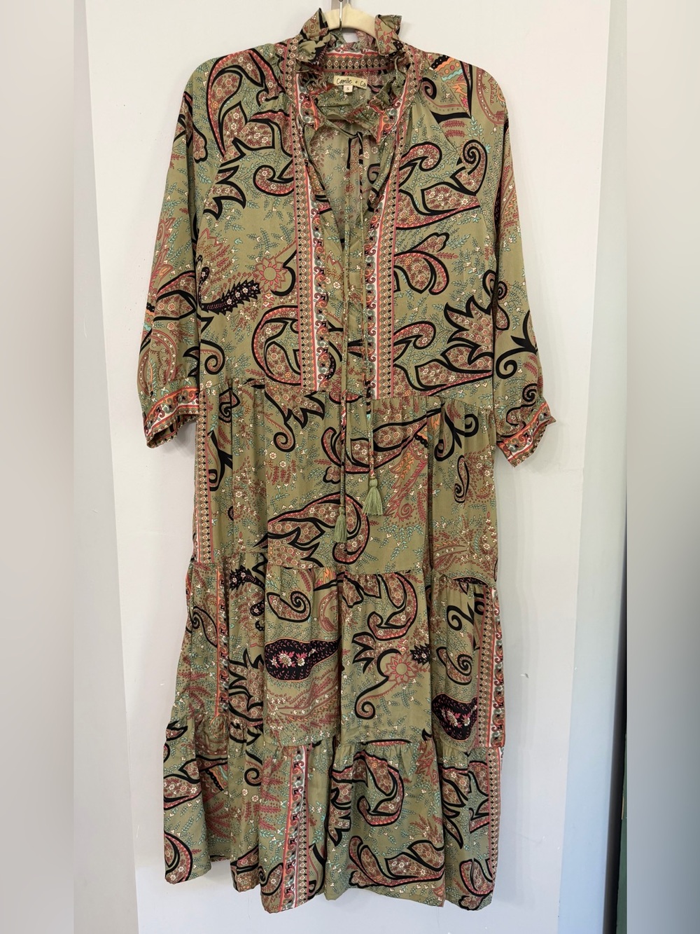 Camille & Co. Women’s Small (but loose!) Olive green paisley ruffle collar maxi